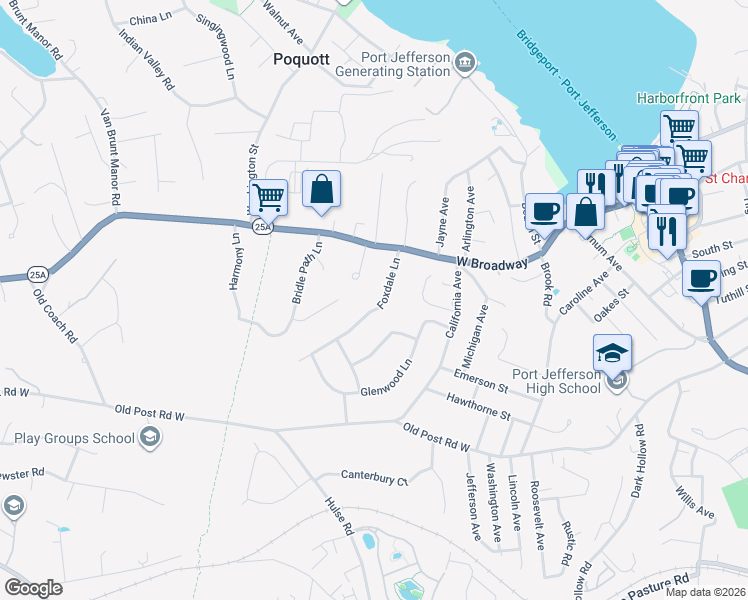 map of restaurants, bars, coffee shops, grocery stores, and more near 120 Foxdale Lane in Port Jefferson