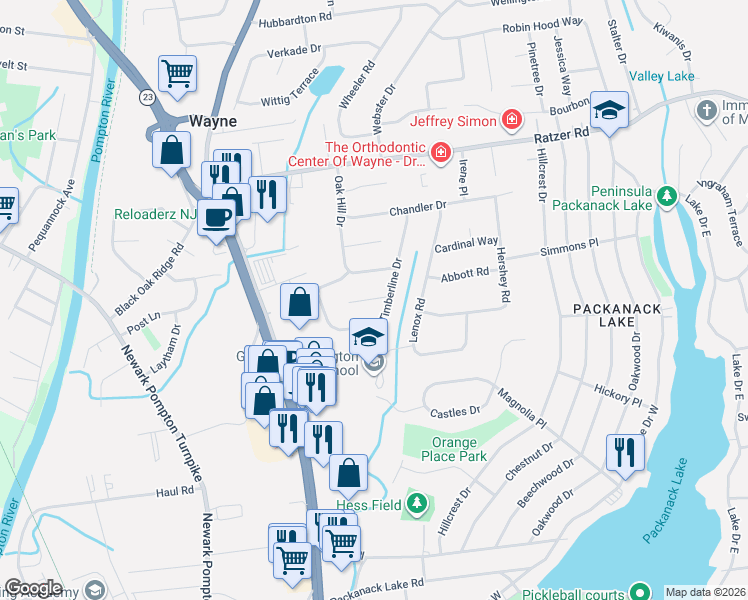 map of restaurants, bars, coffee shops, grocery stores, and more near 46 Timberline Drive in Wayne