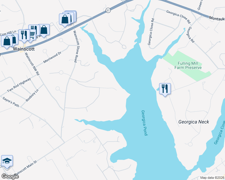 map of restaurants, bars, coffee shops, grocery stores, and more near 38 Mathews Road in Wainscott