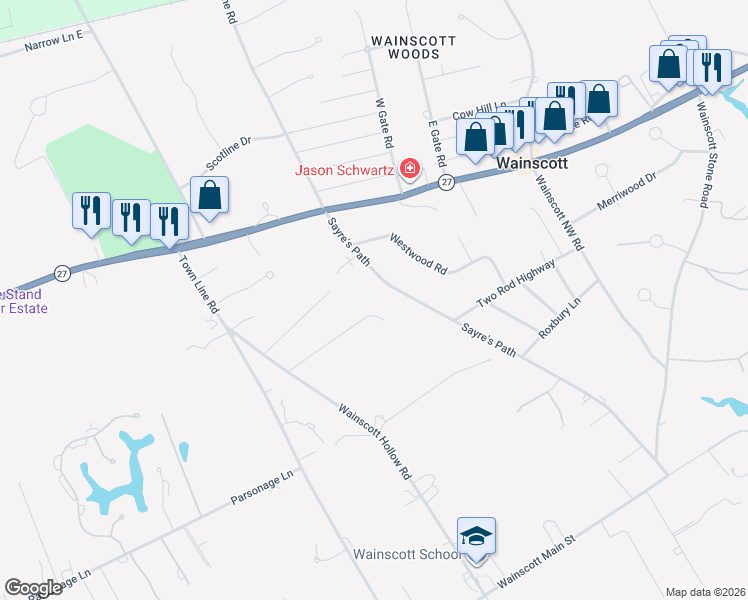 map of restaurants, bars, coffee shops, grocery stores, and more near 50 Sayre's Path in Wainscott
