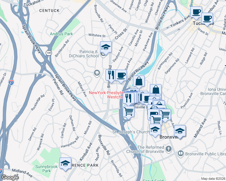 map of restaurants, bars, coffee shops, grocery stores, and more near 280 Bronxville Road in Yonkers