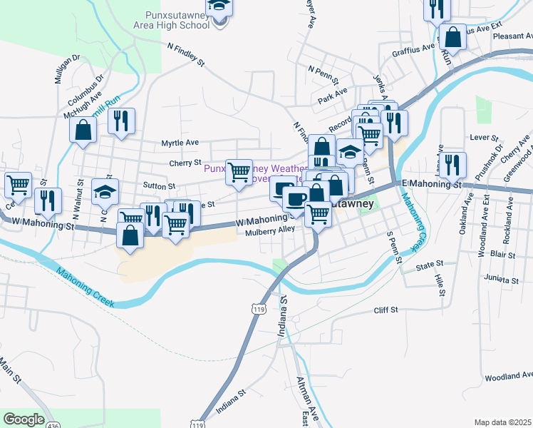 map of restaurants, bars, coffee shops, grocery stores, and more near 312 West Mahoning Street in Punxsutawney