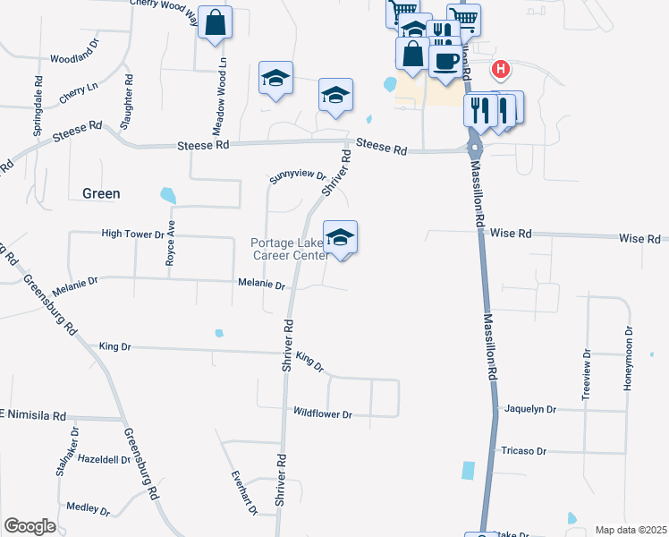 map of restaurants, bars, coffee shops, grocery stores, and more near 4401 Shriver Road in Uniontown