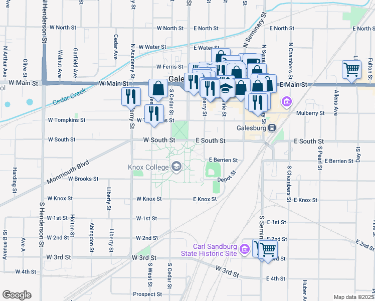 map of restaurants, bars, coffee shops, grocery stores, and more near 2 East South Street in Galesburg