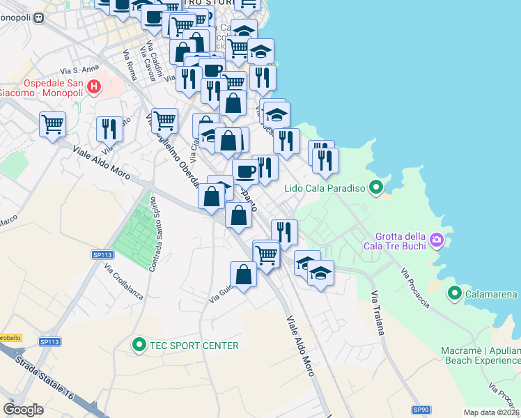 map of restaurants, bars, coffee shops, grocery stores, and more near 140 Via Lepanto in Monopoli