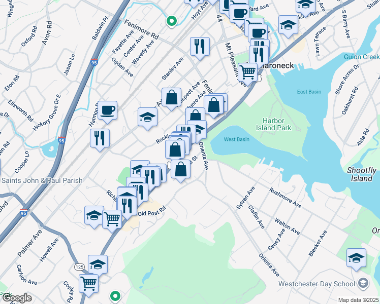 map of restaurants, bars, coffee shops, grocery stores, and more near 803 Hall Street in Mamaroneck