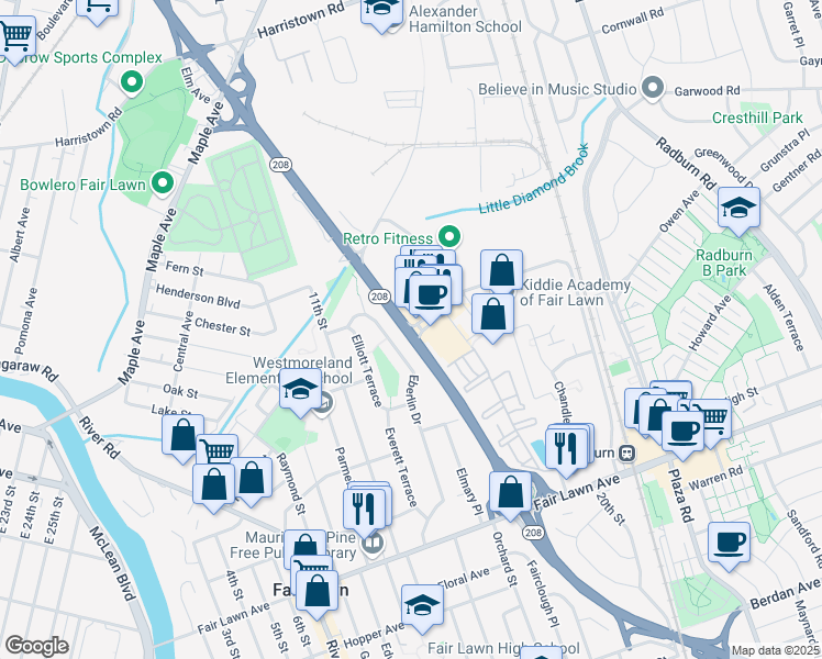 map of restaurants, bars, coffee shops, grocery stores, and more near 2000 Promenade Boulevard in Fair Lawn