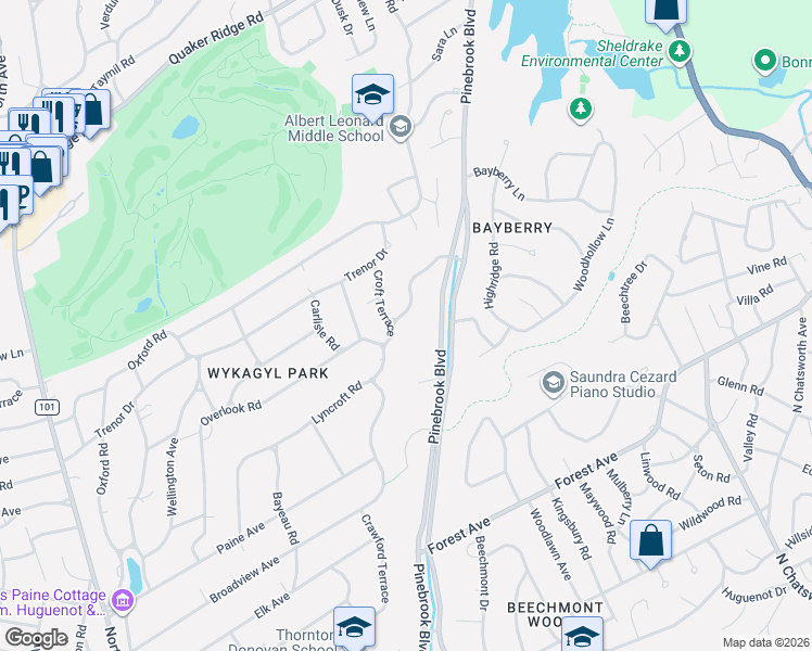map of restaurants, bars, coffee shops, grocery stores, and more near 25 Croft Terrace in New Rochelle