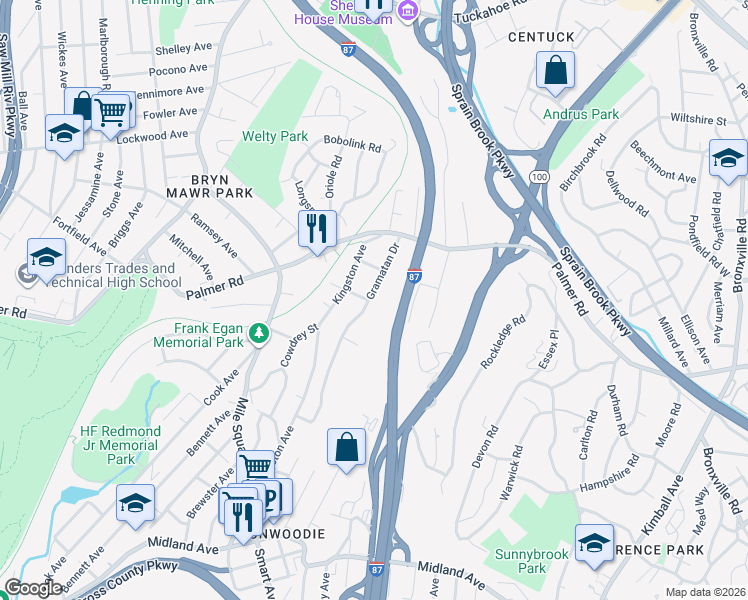 map of restaurants, bars, coffee shops, grocery stores, and more near 87 Gramatan Drive in Yonkers