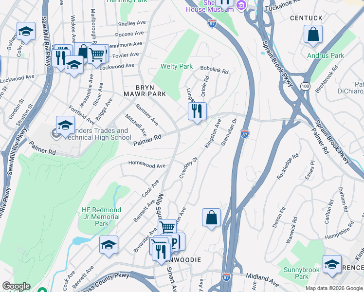 map of restaurants, bars, coffee shops, grocery stores, and more near 19 Little John Place in Yonkers