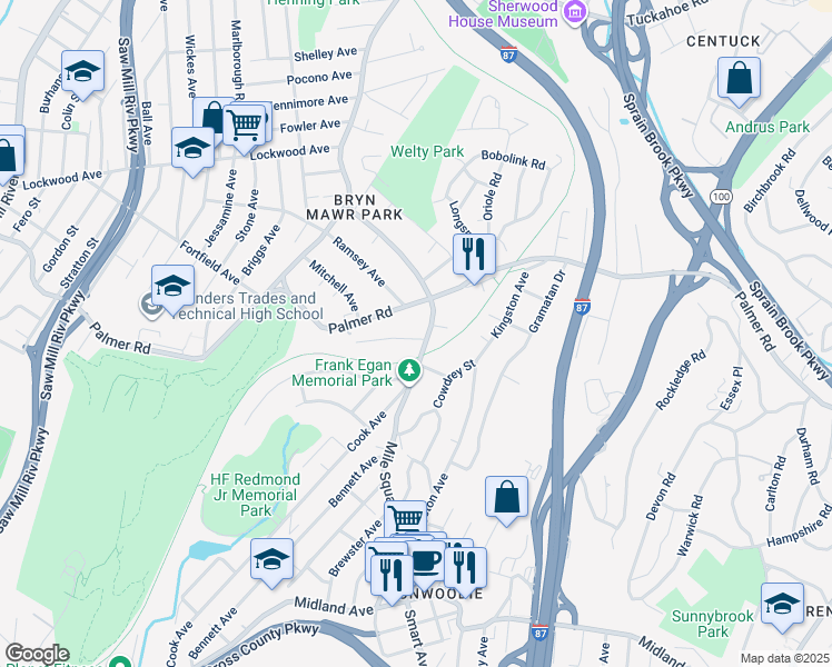 map of restaurants, bars, coffee shops, grocery stores, and more near 311 Mile Square Road in Yonkers