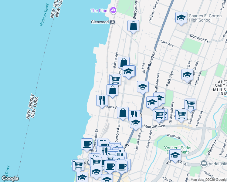 map of restaurants, bars, coffee shops, grocery stores, and more near 143 Woodworth Avenue in Yonkers