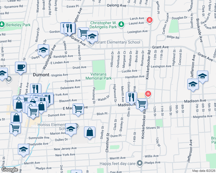 map of restaurants, bars, coffee shops, grocery stores, and more near 34 Blanche Court in Dumont