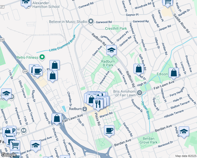 map of restaurants, bars, coffee shops, grocery stores, and more near 18 Brearly Crescent in Fair Lawn