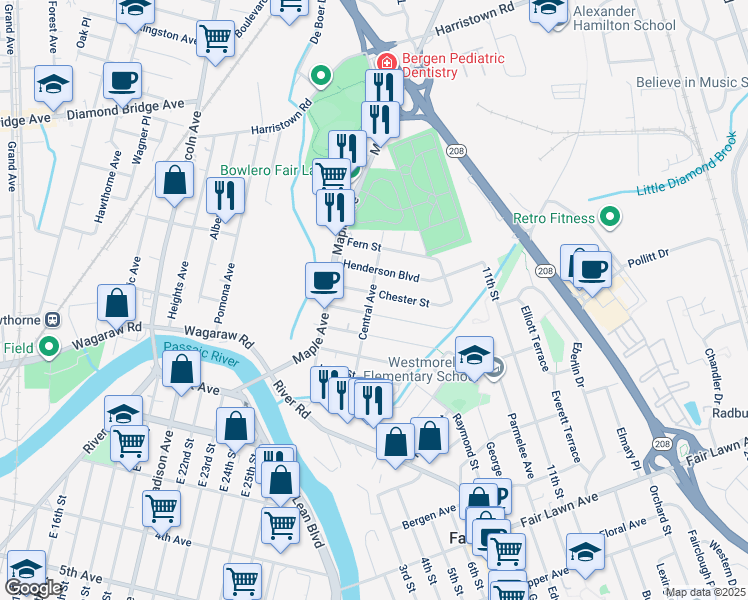 map of restaurants, bars, coffee shops, grocery stores, and more near 7-36 Forest Street in Fair Lawn