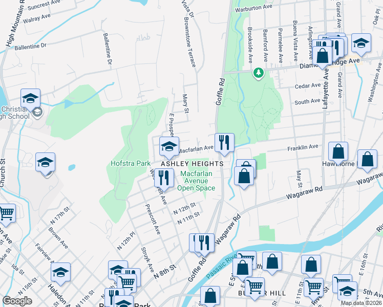 map of restaurants, bars, coffee shops, grocery stores, and more near 34 Macfarlan Avenue in Hawthorne