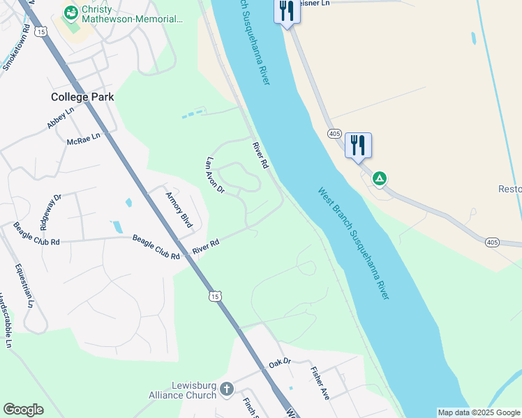 map of restaurants, bars, coffee shops, grocery stores, and more near 5 River Road in Lewisburg