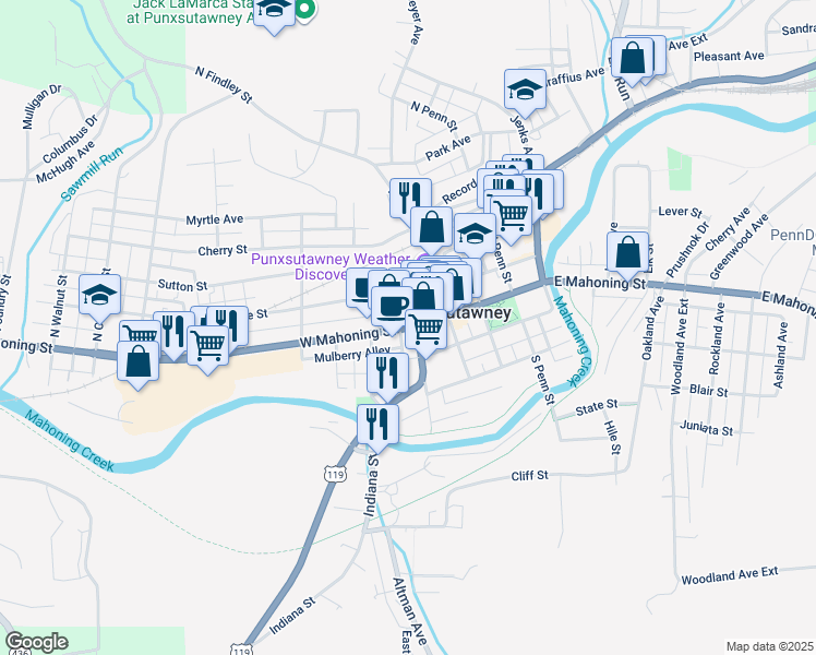 map of restaurants, bars, coffee shops, grocery stores, and more near 110 South Gilpin Street in Punxsutawney