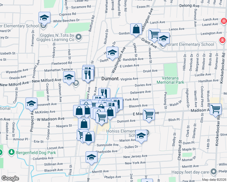 map of restaurants, bars, coffee shops, grocery stores, and more near 150 Brook Street in Dumont