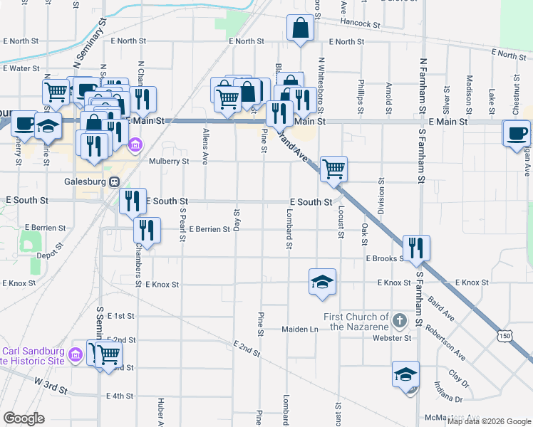 map of restaurants, bars, coffee shops, grocery stores, and more near 388 Pine Street in Galesburg