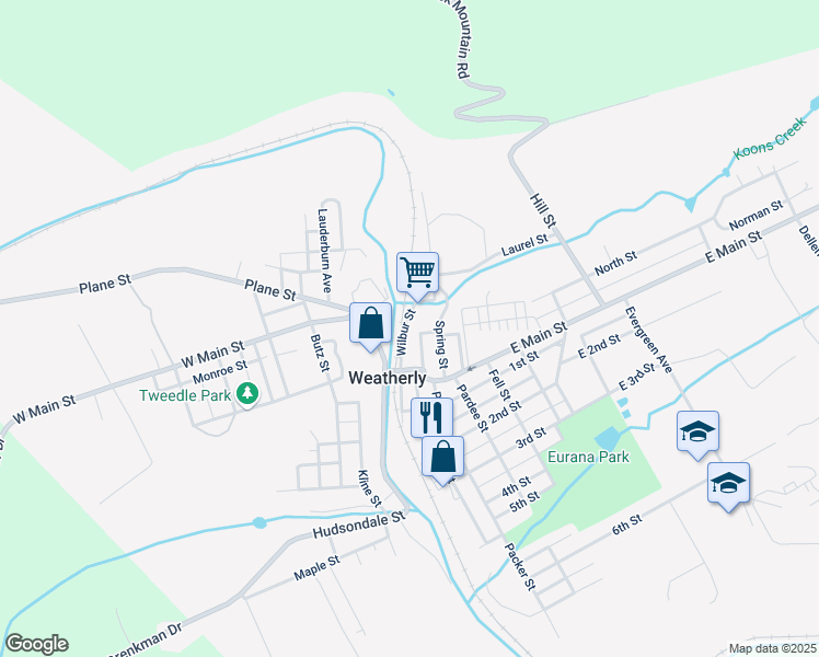 map of restaurants, bars, coffee shops, grocery stores, and more near 54 Wilbur Street in Weatherly