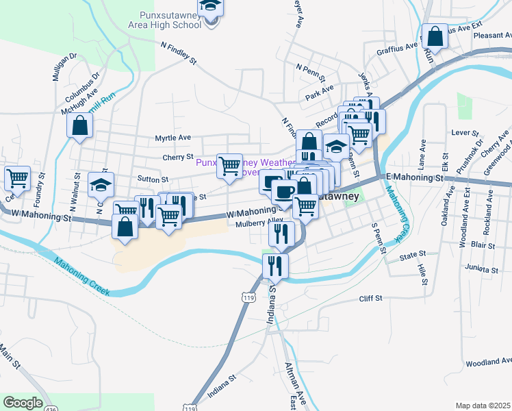 map of restaurants, bars, coffee shops, grocery stores, and more near 312 West Mahoning Street in Punxsutawney