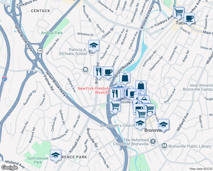 map of restaurants, bars, coffee shops, grocery stores, and more near 681 Bronx River Parkway in Yonkers