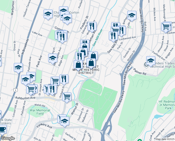 map of restaurants, bars, coffee shops, grocery stores, and more near in Yonkers