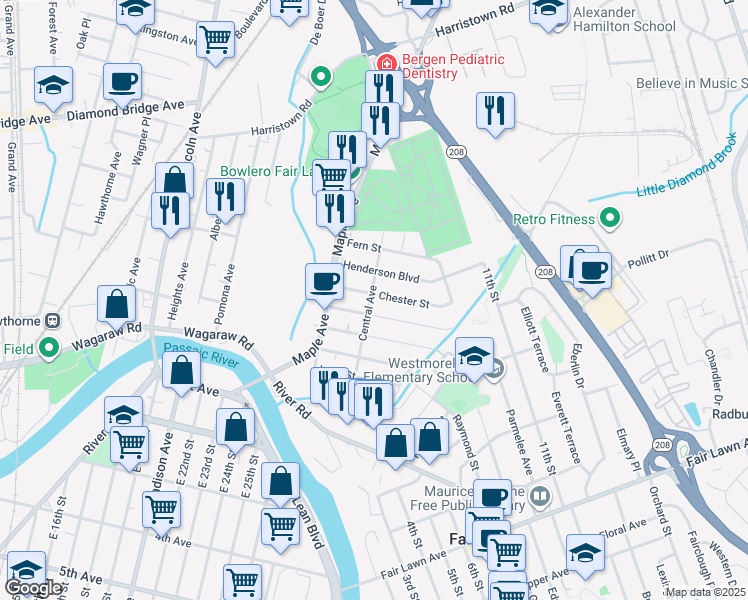 map of restaurants, bars, coffee shops, grocery stores, and more near 7-30 Henderson Boulevard in Fair Lawn