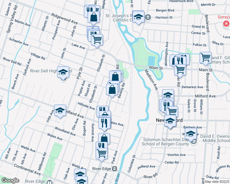 map of restaurants, bars, coffee shops, grocery stores, and more near 76 Elliot Court in Oradell