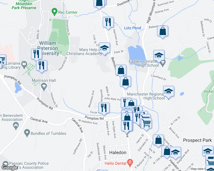 map of restaurants, bars, coffee shops, grocery stores, and more near 42 Willie Street in Haledon