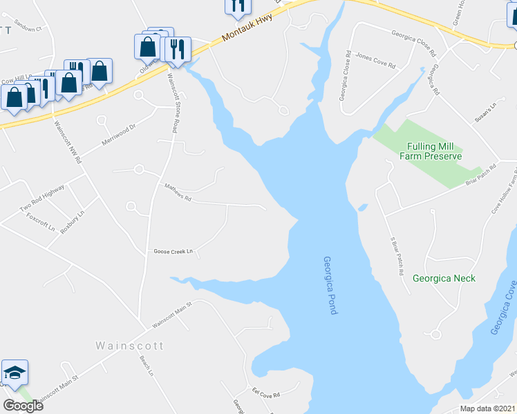 map of restaurants, bars, coffee shops, grocery stores, and more near 38 Mathews Road in Wainscott