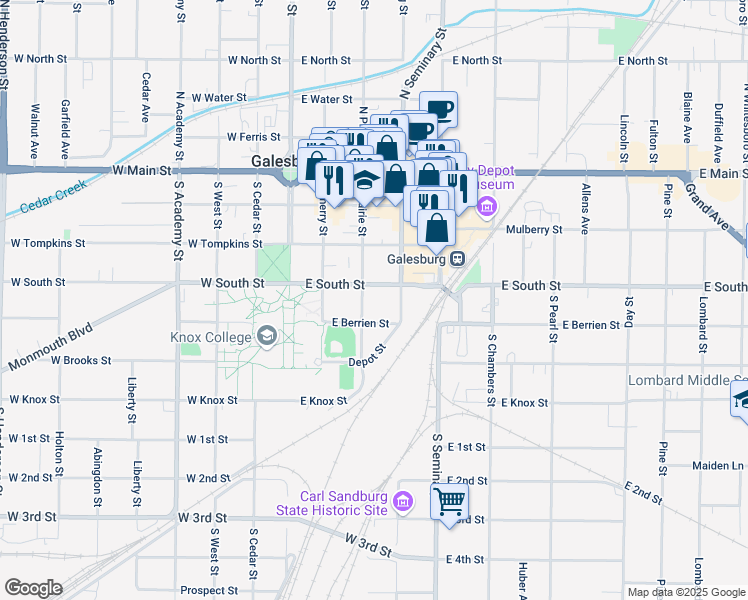 map of restaurants, bars, coffee shops, grocery stores, and more near 323 South Prairie Street in Galesburg