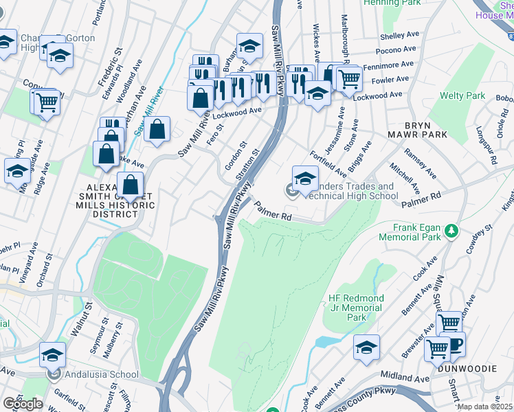 map of restaurants, bars, coffee shops, grocery stores, and more near 95 Palmer Road in Yonkers
