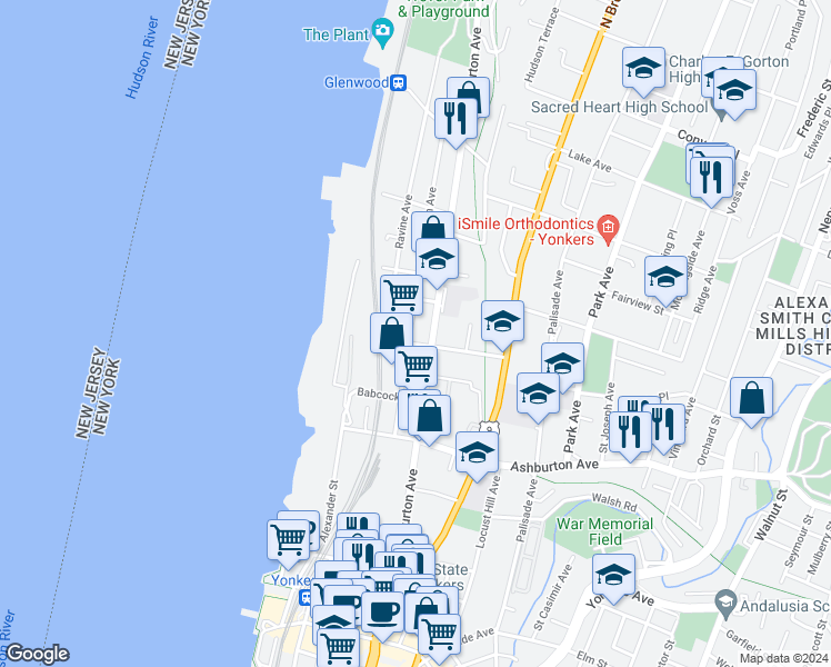 map of restaurants, bars, coffee shops, grocery stores, and more near 249 Warburton Avenue in Yonkers