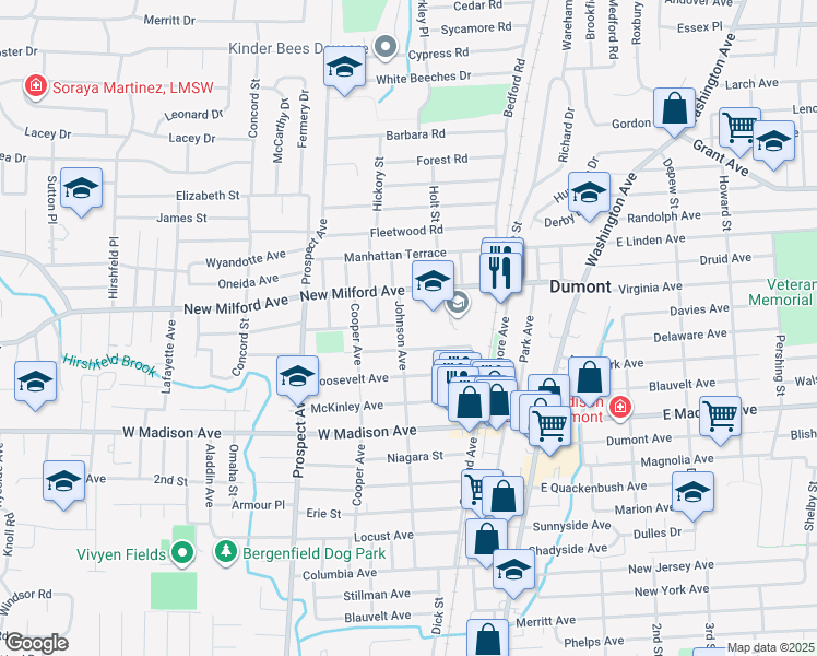 map of restaurants, bars, coffee shops, grocery stores, and more near 238 Johnson Avenue in Dumont