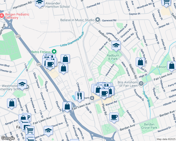 map of restaurants, bars, coffee shops, grocery stores, and more near 348 Plaza Road North in Fair Lawn
