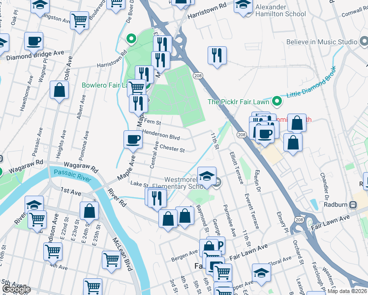 map of restaurants, bars, coffee shops, grocery stores, and more near 8-51 Henderson Boulevard in Fair Lawn
