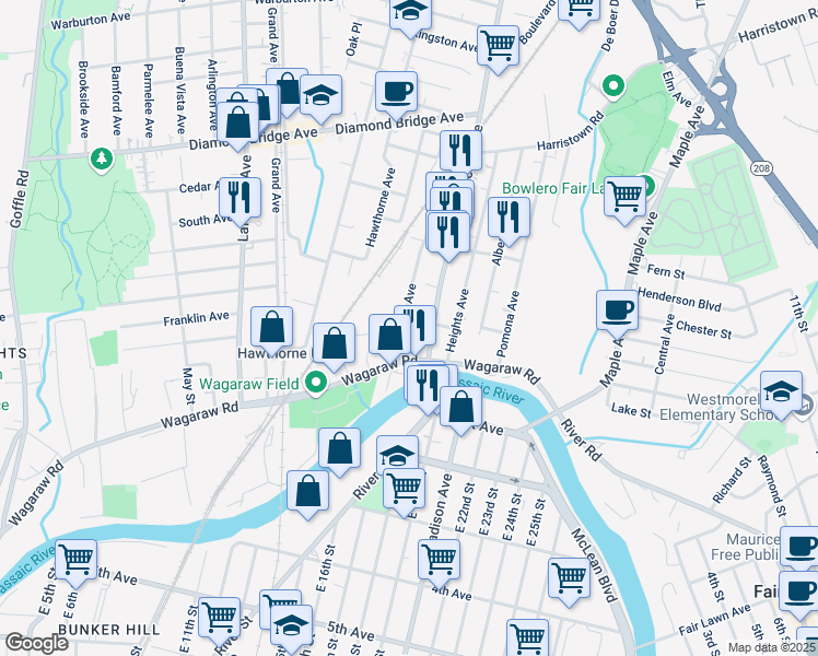 map of restaurants, bars, coffee shops, grocery stores, and more near 78 Passaic Avenue in Hawthorne