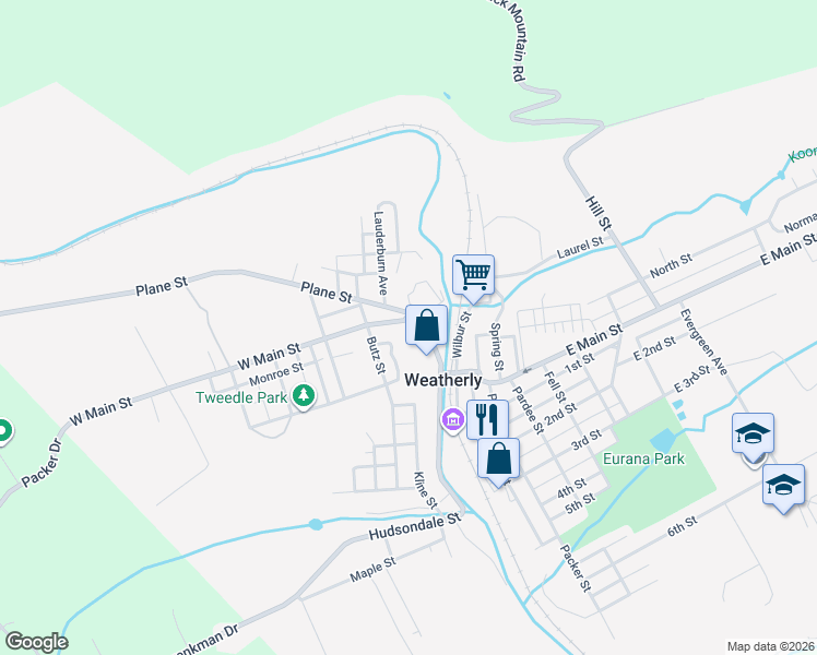 map of restaurants, bars, coffee shops, grocery stores, and more near 125 Plane Street in Weatherly