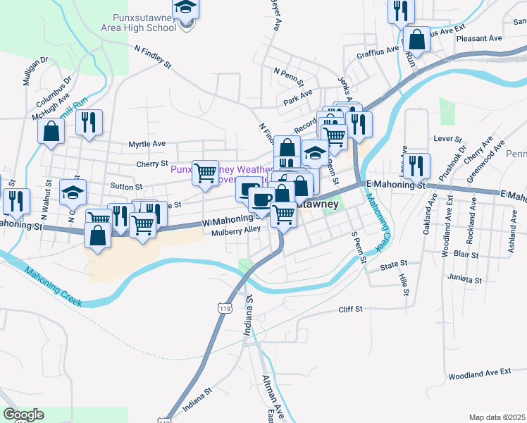 map of restaurants, bars, coffee shops, grocery stores, and more near 207 Pine Street in Punxsutawney