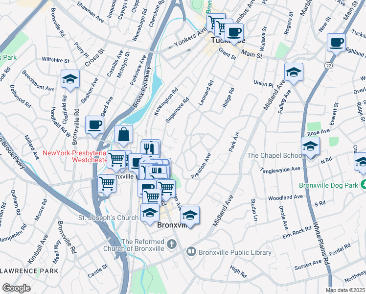 map of restaurants, bars, coffee shops, grocery stores, and more near 7 Red Oak Road in Bronxville