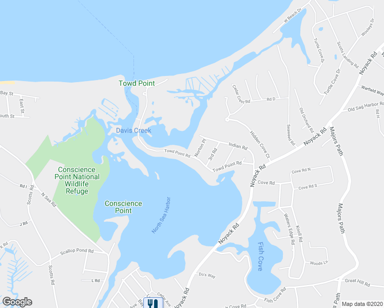 map of restaurants, bars, coffee shops, grocery stores, and more near 175 Towd Point Road in Southampton
