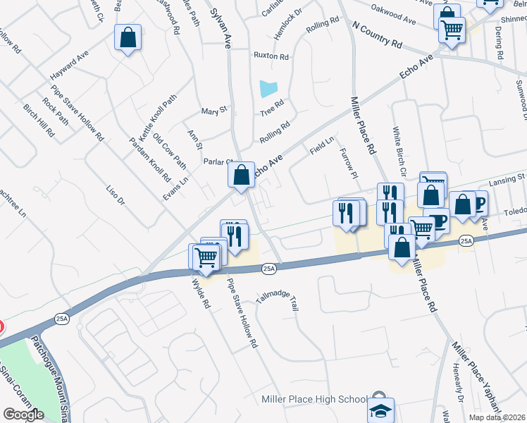 map of restaurants, bars, coffee shops, grocery stores, and more near 101 Sylvan Avenue in Miller Place