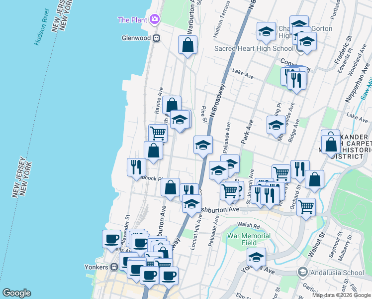map of restaurants, bars, coffee shops, grocery stores, and more near 28 Lamartine Terrace in Yonkers