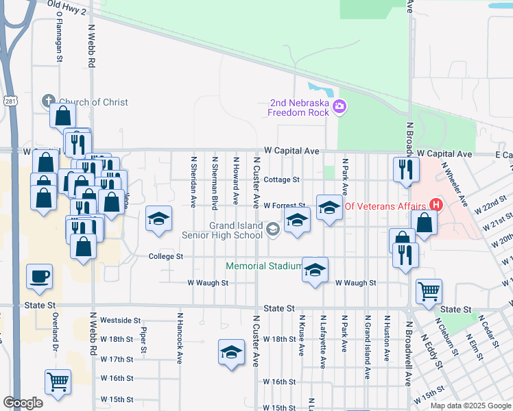 map of restaurants, bars, coffee shops, grocery stores, and more near 2300 North Custer Avenue in Grand Island