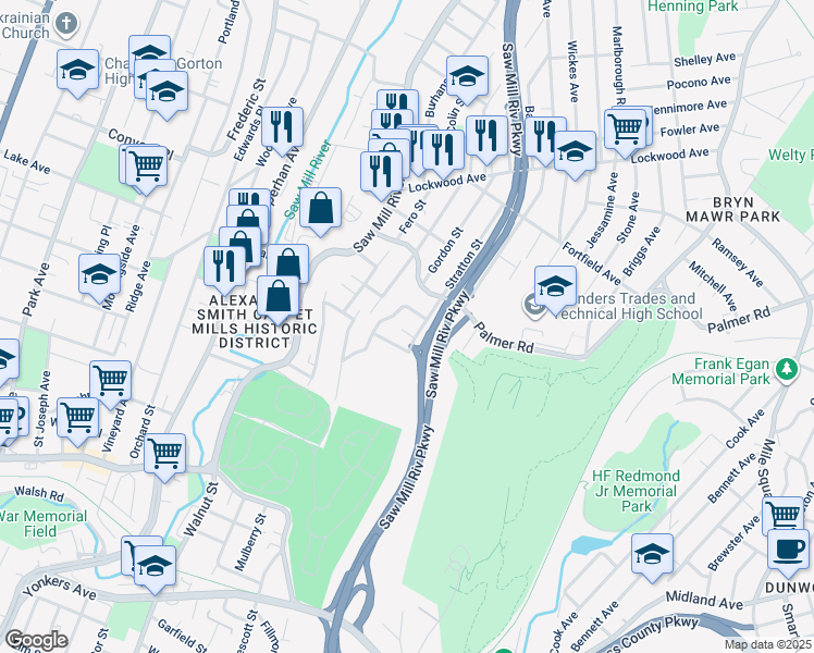 map of restaurants, bars, coffee shops, grocery stores, and more near 44 Troy Lane in Yonkers