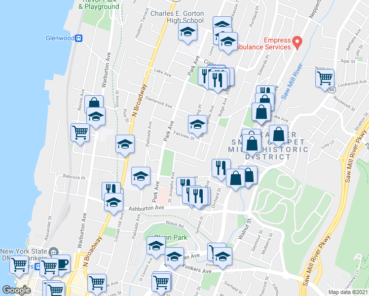 map of restaurants, bars, coffee shops, grocery stores, and more near 30 Fairview Street in Yonkers