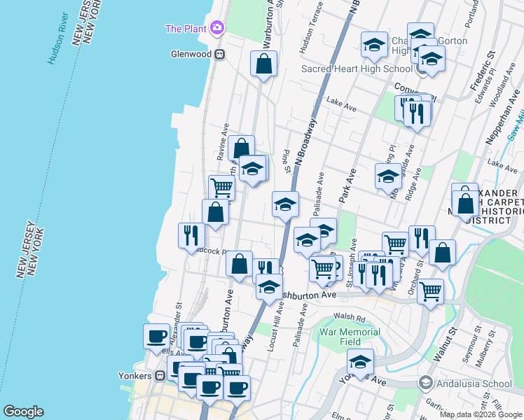 map of restaurants, bars, coffee shops, grocery stores, and more near 28 Lamartine Terrace in Yonkers