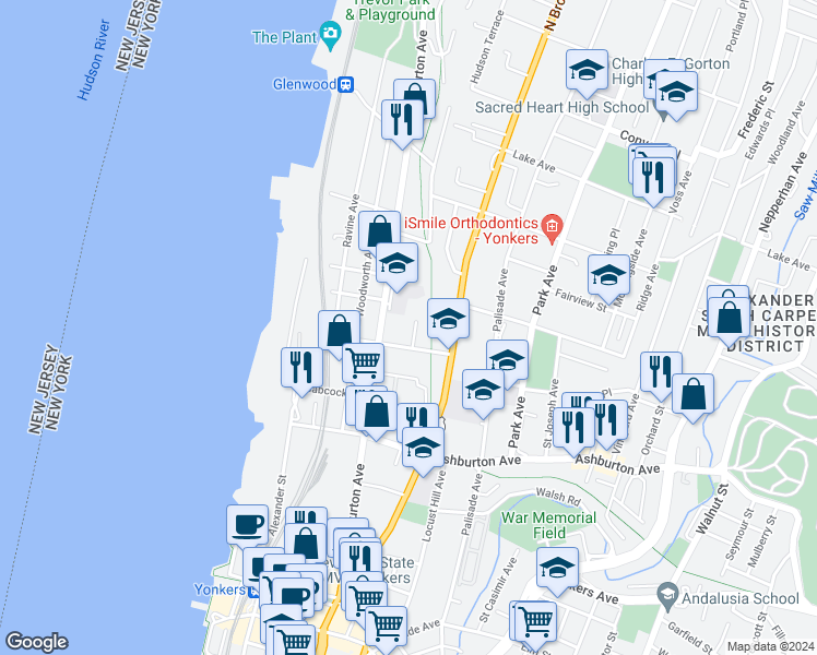 map of restaurants, bars, coffee shops, grocery stores, and more near 28 Lamartine Terrace in Yonkers